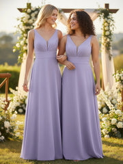 Notch Neck Chiffon Simple Full Length Dress-Lilac
