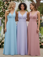 Notch Neck Chiffon Simple Full Length Dress-Lilac