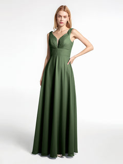 Notch Neck Chiffon Simple Full Length Dress-Olive Green