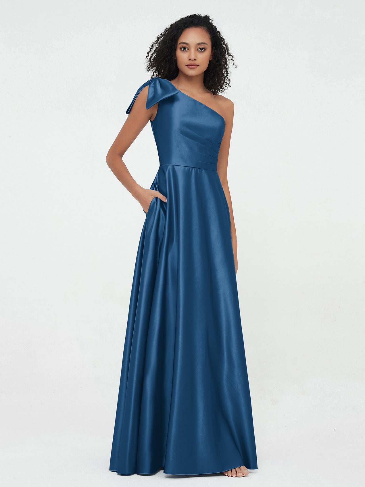 One Shoulder A-line Long Satin Dresses Slate Blue