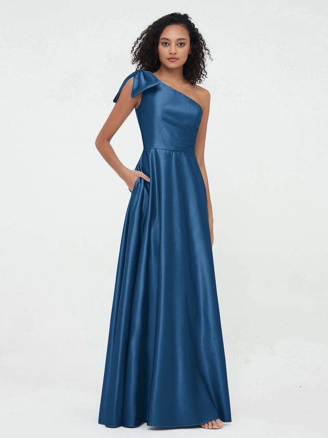 One Shoulder Long Satin Dresses with Pockets Dark Navy