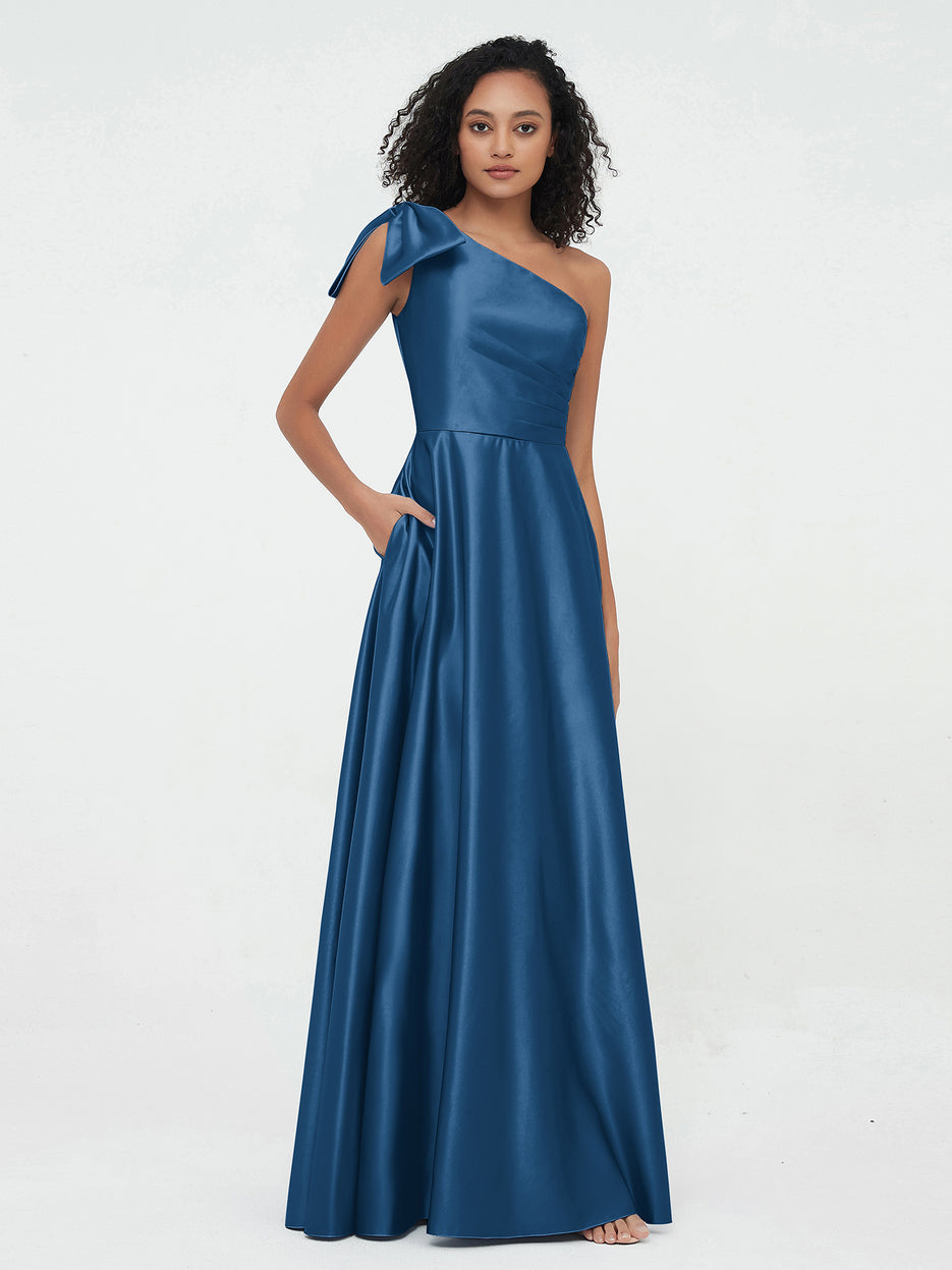 One Shoulder Long Satin Dresses with Pockets Red