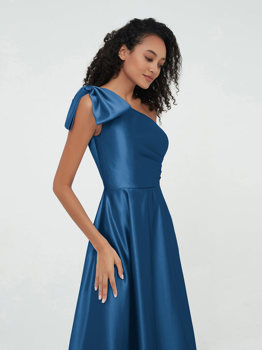 A-line One Shoulder Long Satin Gown with Pocket Ink Blue