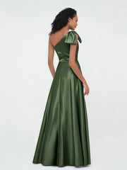 One-Shoulder Long Satin Dresses with Pockets-Olive Green