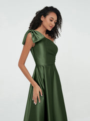 One-Shoulder Long Satin Dresses with Pockets-Olive Green