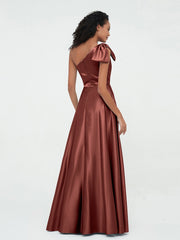One-Shoulder Long Satin Dresses with Pockets-Terracotta