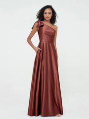 One-Shoulder Long Satin Dresses with Pockets-Terracotta