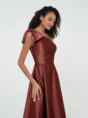 One-Shoulder Long Satin Dresses with Pockets-Terracotta