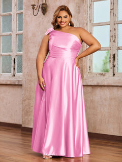 One-Shoulder Long Satin Dresses with Pockets Candy Pink