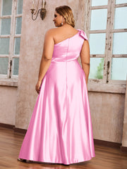 One-Shoulder Long Satin Dresses with Pockets Candy Pink