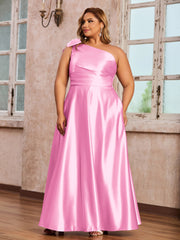 One-Shoulder Long Satin Dresses with Pockets Candy Pink