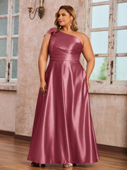 One-Shoulder Long Satin Dresses with Pockets Cinnamon Rose