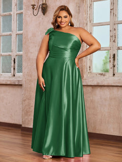 One-Shoulder Long Satin Dresses with Pockets Emerald