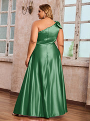 One-Shoulder Long Satin Dresses with Pockets Emerald