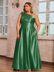 One-Shoulder Long Satin Dresses with Pockets Emerald