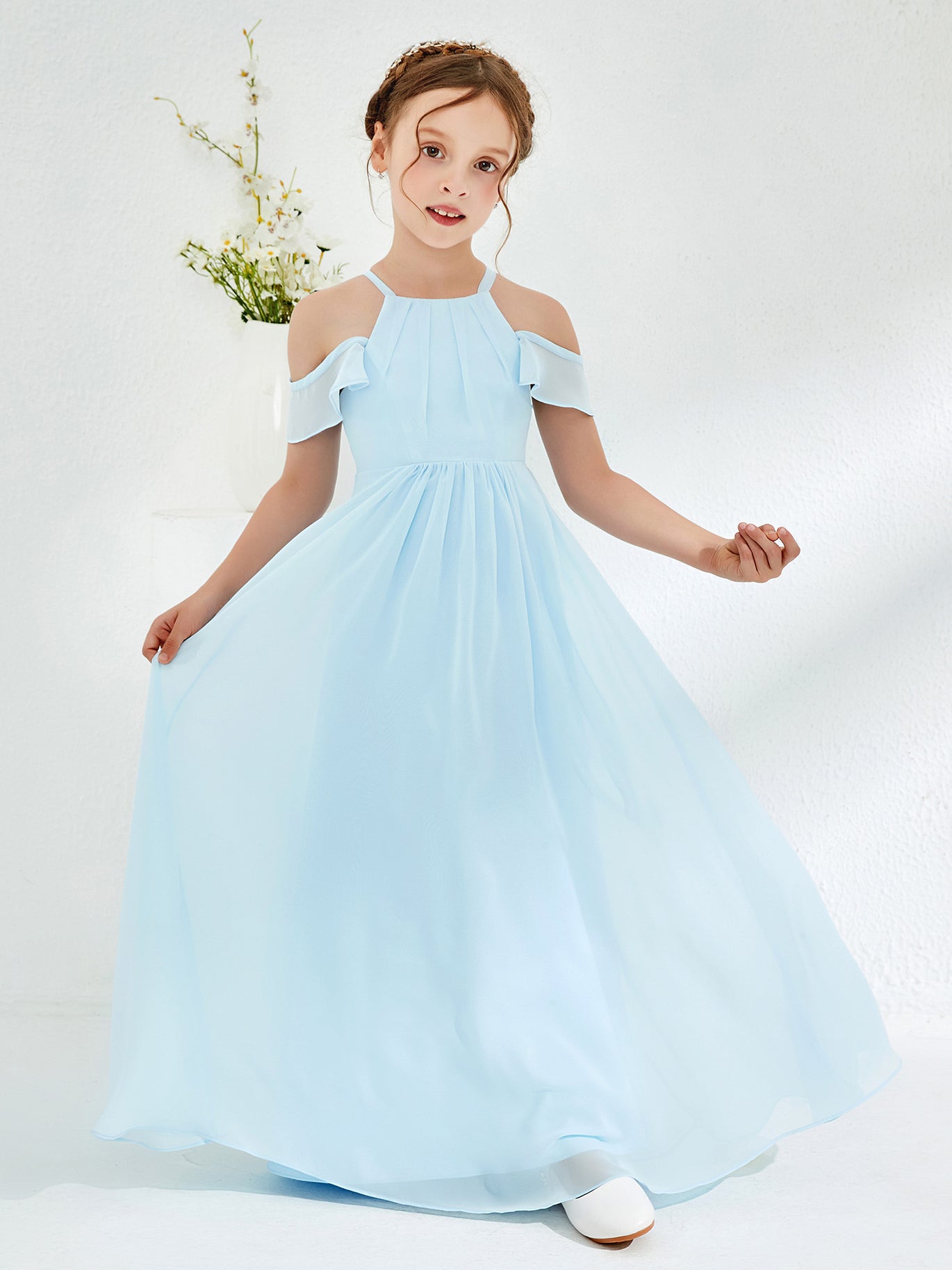 blue dress for baby girl Wedtrend Women Dusty Blue Junior Bridesmaid Dress with Belt A Line Lace Chiffon Ruffles High Low Wedding Guest Dress, Grey Blue / J16 main image 1
