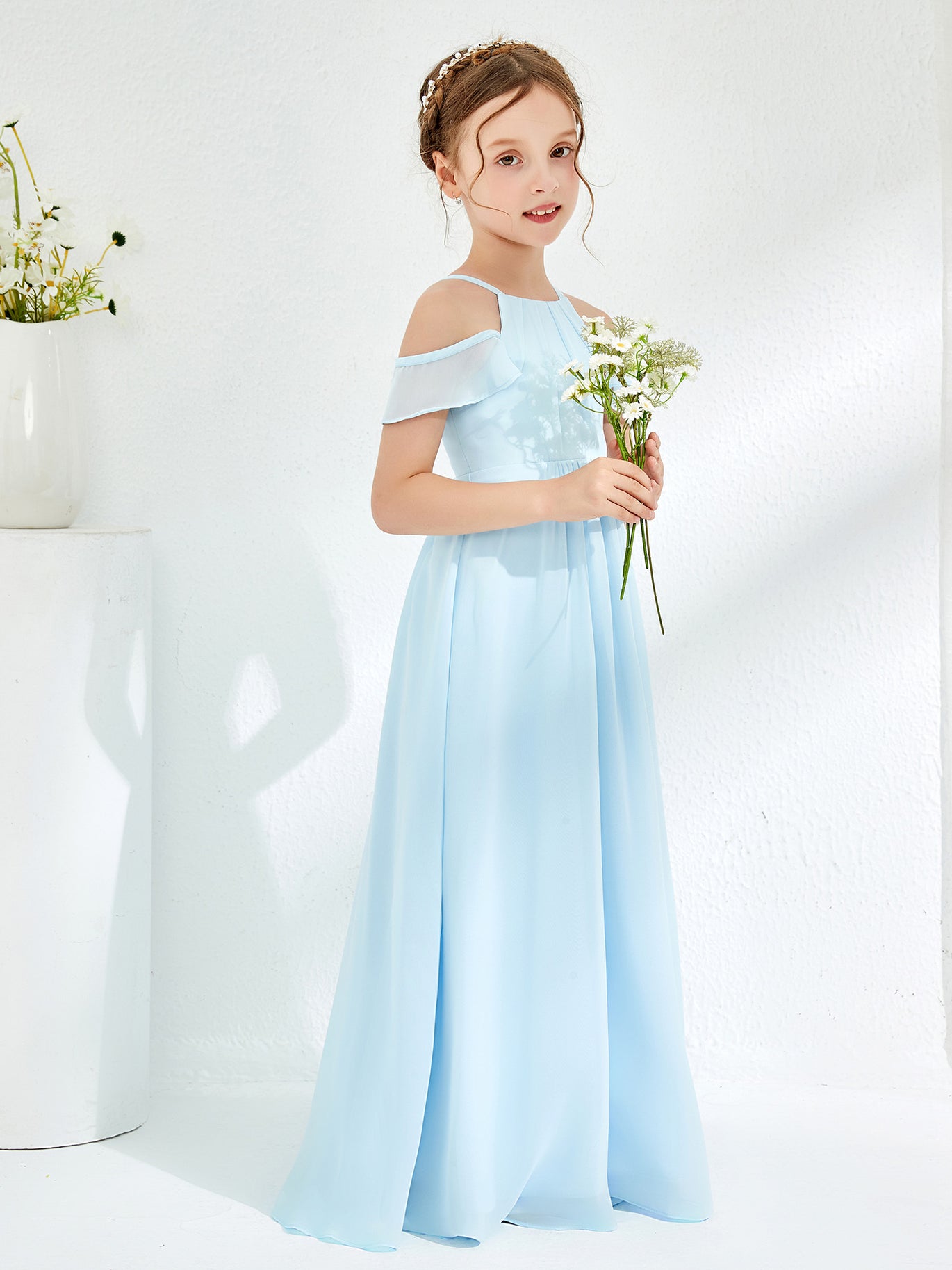 blue dress for baby girl BABARONI Off-The-Shoulder Ruched Junior Bridesmaid Dresses Mist, Mist / J4