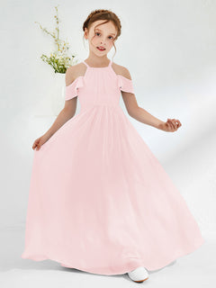 Off-the-shoulder Ruched Junior Bridesmaid Dresses Blushing Pink