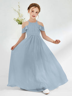 Off-the-shoulder Ruched Junior Bridesmaid Dresses Dusty Blue