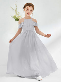 Off-the-shoulder Ruched Junior Bridesmaid Dresses Silver