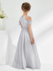 Off-the-shoulder Ruched Junior Bridesmaid Dresses Silver