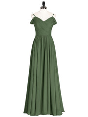 Chiffon Bridesmaid Dress with Pleated Bodice-Olive Green