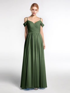 Chiffon Bridesmaid Dress with Pleated Bodice-Olive Green