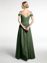 Chiffon Bridesmaid Dress with Pleated Bodice-Olive Green