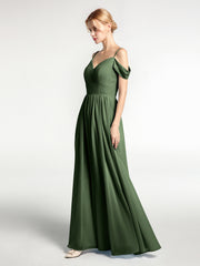 Chiffon Bridesmaid Dress with Pleated Bodice-Olive Green