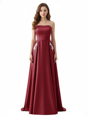Strapless Satin Dress with Beaded Pocket-Burgundy