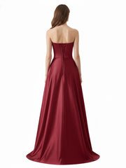 Strapless Satin Dress with Beaded Pocket-Burgundy