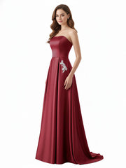 Strapless Satin Dress with Beaded Pocket-Burgundy