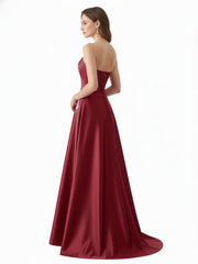 Strapless Satin Dress with Beaded Pocket-Burgundy