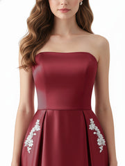 Strapless Satin Dress with Beaded Pocket-Burgundy