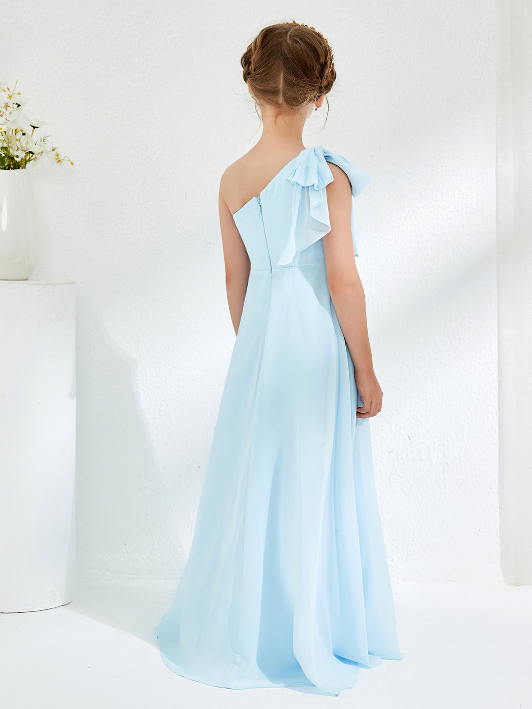 BABARONI Chiffon Sky Blue Junior Bridesmaid Dresses A-line One Shoulder