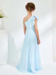 One Shoulder Junior Bridesmaid Dresses with Pleated Sky Blue