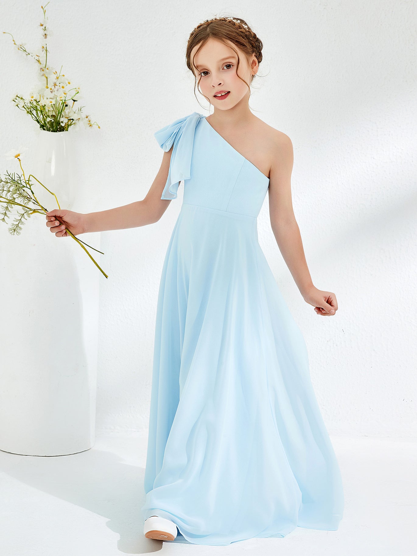 BABARONI One Shoulder Junior Bridesmaid Dresses with Pleated Dusty Blue, Dusty Blue / J4