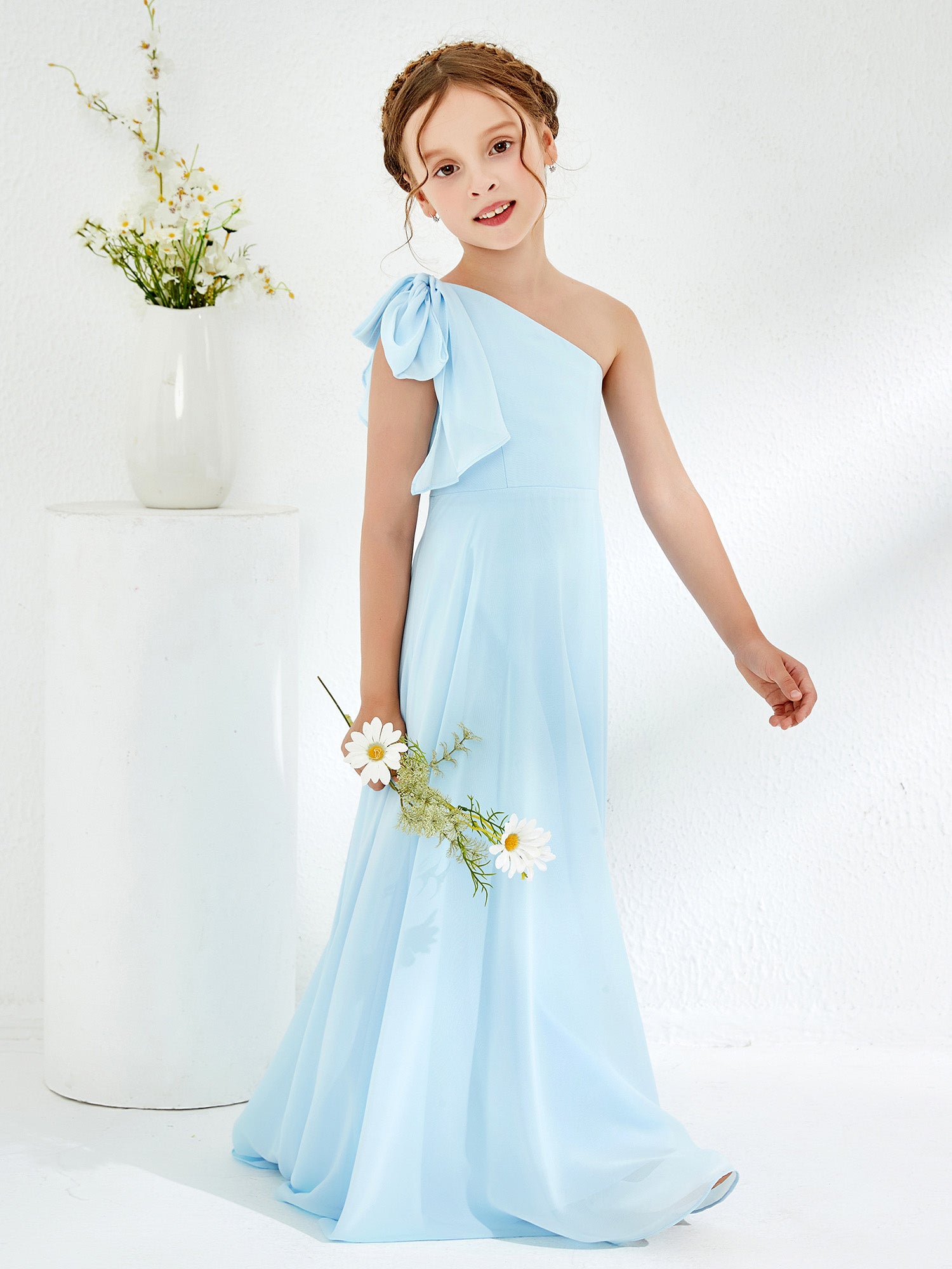 BABARONI Chiffon Sky Blue Junior Bridesmaid Dresses A-line One Shoulder