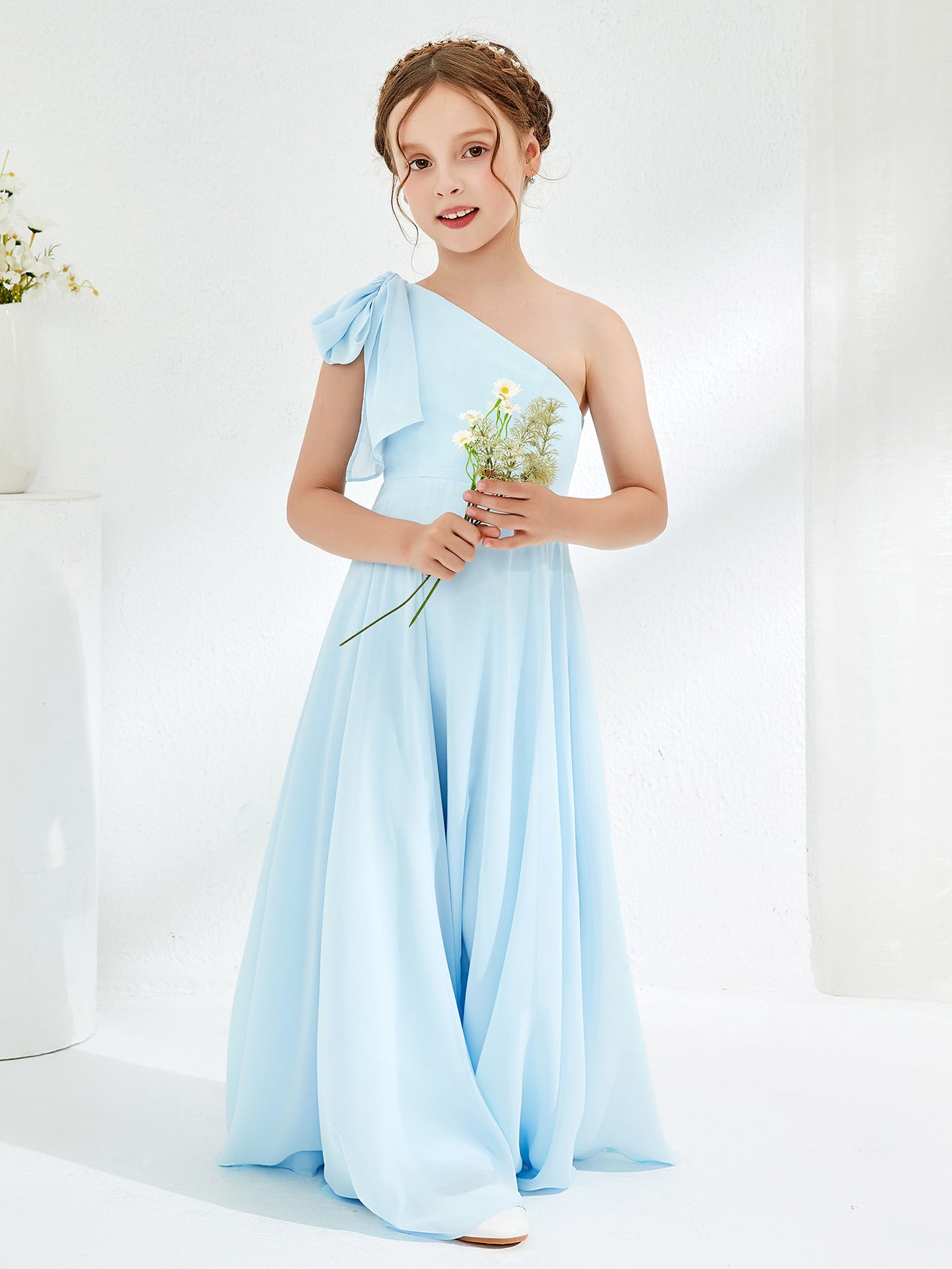 Off-the-shoulder Junior Bridesmaid Dresses with Sash Mulberry