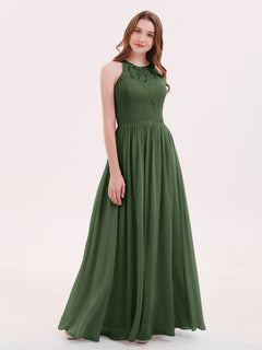 Long Lace Dress with Illusion Sweetheart Neck-Olive Green