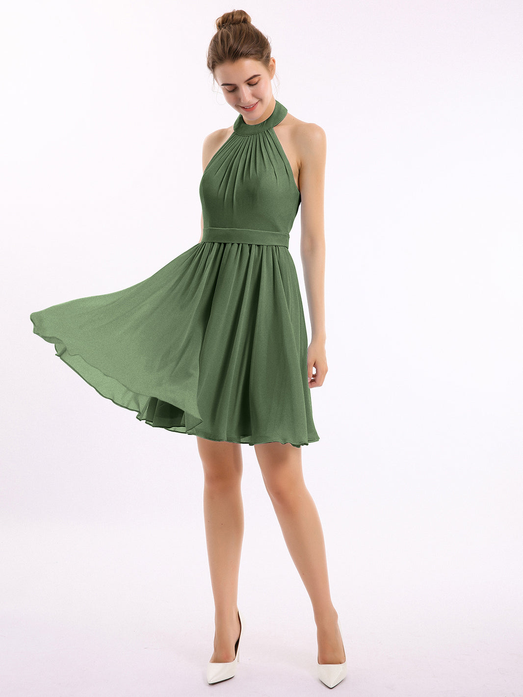 BABARONI Halter Chiffon Short Bridesmaid Dresses-Olive Green Plus Size, Olive Green / US18