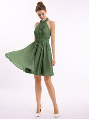 Halter Chiffon Short Bridesmaid Dresses-Olive Green