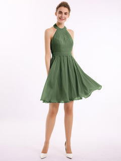 Halter Chiffon Short Bridesmaid Dresses-Olive Green