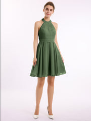 Halter Chiffon Short Bridesmaid Dresses-Olive Green