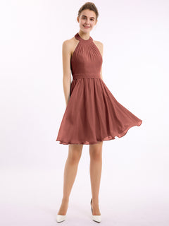 Halter Chiffon Short Bridesmaid Dresses-Terracotta