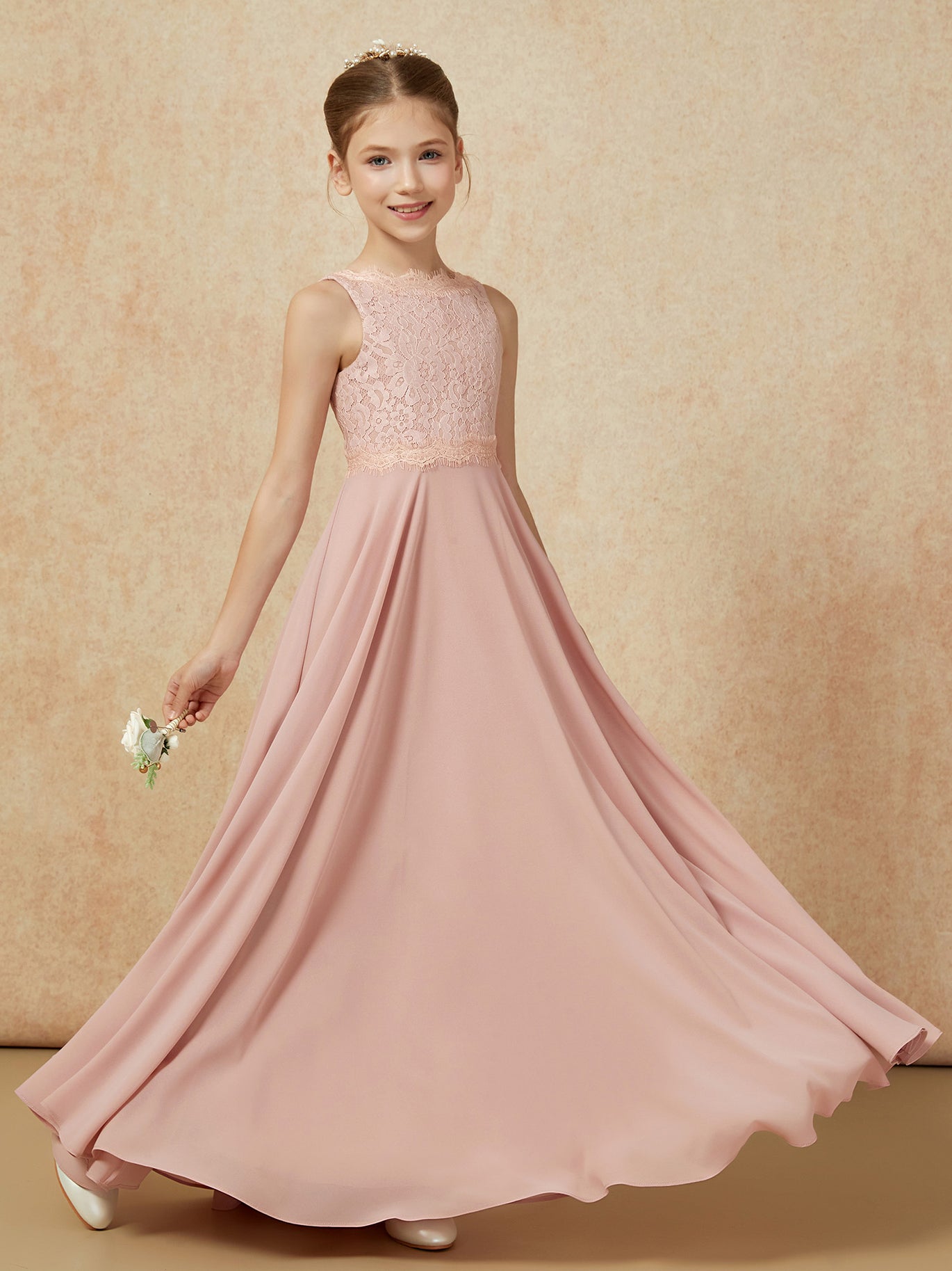 BABARONI Bateau A-line Floor-length Chiffon Junior Bridesmaid Dress Champagne, Champagne / J4 BABARONI Bateau A-line Floor-length Chiffon Junior Bridesmaid Dress Champagne, Champagne / J4