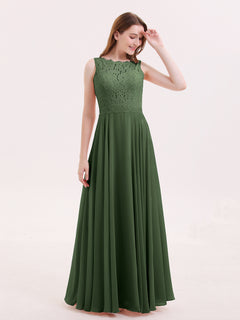 Lace Bodice Chiffon Skirt Long Dress-Olive Green