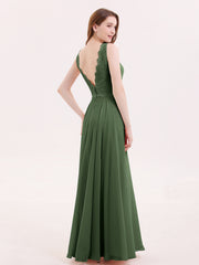 Lace Bodice Chiffon Skirt Long Dress-Olive Green Plus Size