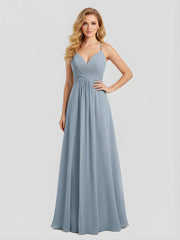 Spaghetti Strap V-neck Chiffon Dresses-Dusty Blue