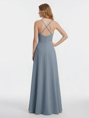 Spaghetti Strap V-neck Chiffon Dresses-Dusty Blue